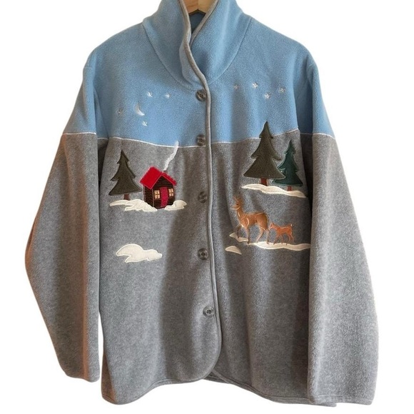 Northern Reflections Cozy Warm Blue Grey Fleece Jacket Embroidered Winter Cabin - Picture 2 of 8
